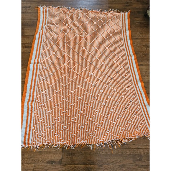 Handmade Other - Vintage Handmade Crochet Afghan Orange White Geometric Mosaic Fringe 67x46